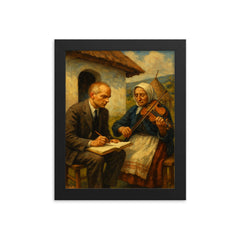Bela Bartok collecting village melodies framed print on a plain backdrop in size 8"x10".