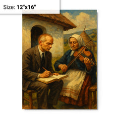 Bela Bartok collecting village melodies metal print on a plain backdrop in size 12"x16".