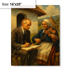 Bela Bartok collecting village melodies metal print on a plain backdrop in size 16"x20".