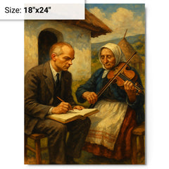 Bela Bartok collecting village melodies metal print on a plain backdrop in size 18"x24".