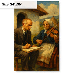 Bela Bartok collecting village melodies metal print on a plain backdrop in size 24"x36".