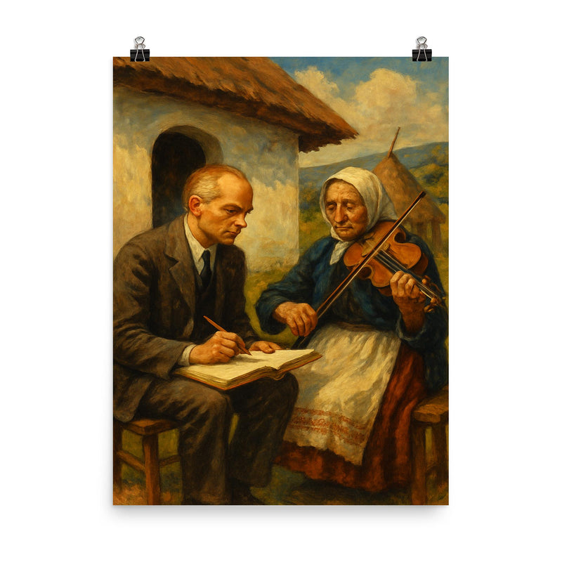 Bela Bartok collecting village melodies poster on a plain backdrop in size 8