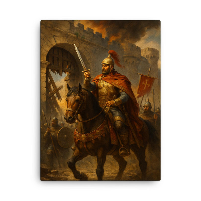 Belisarius before the shattered gates of Rome canvas print on a plain backdrop in size 18