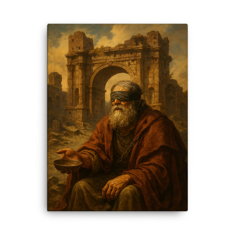 Belisarius beggar legend outside ruined Roman gate canvas print on a plain backdrop in size 18