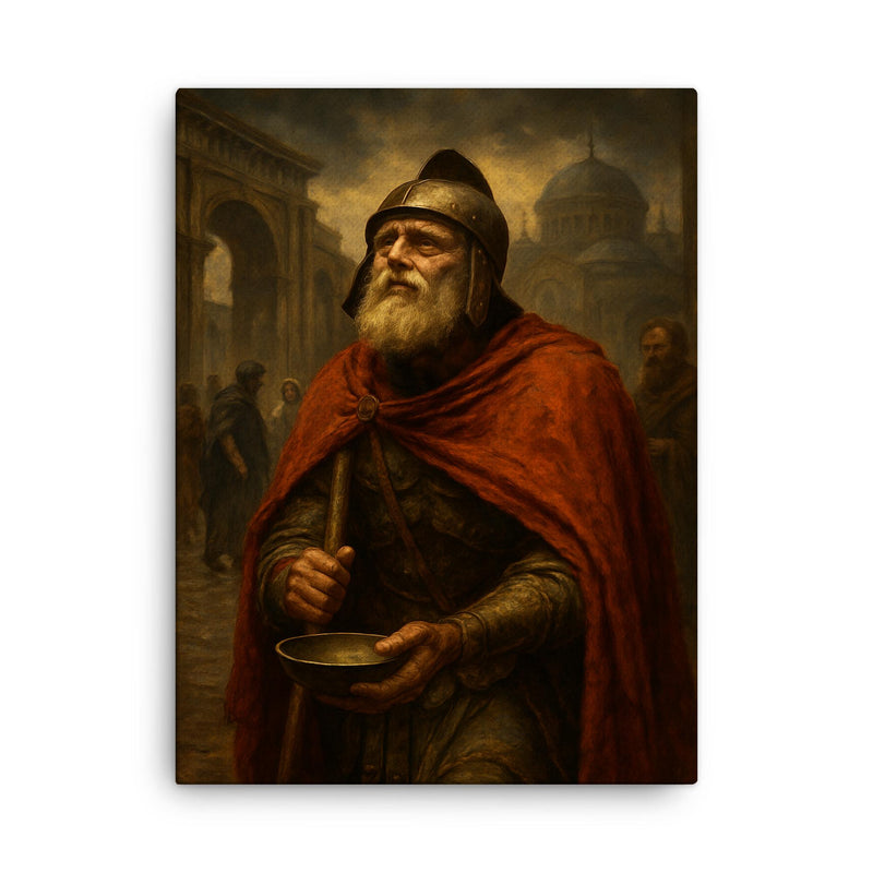 Belisarius begging alms as fallen Byzantine legend canvas print on a plain backdrop in size 18