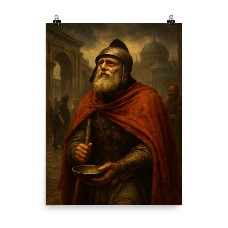 Belisarius begging alms as fallen Byzantine legend poster on a plain backdrop in size 8
