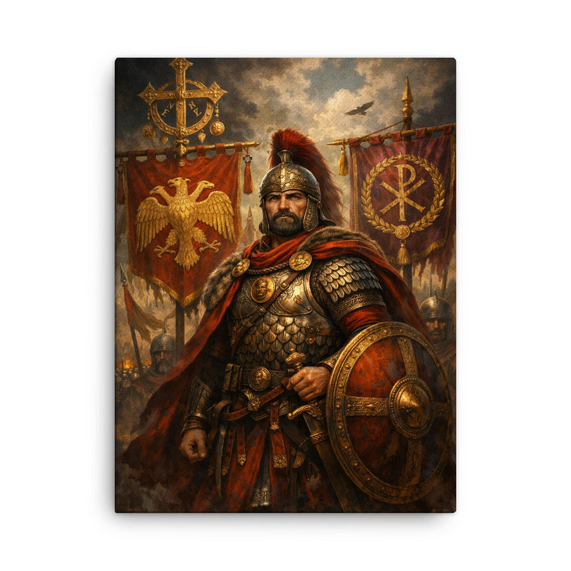 Belisarius beside Byzantine battle standards canvas print on a plain backdrop in size 18