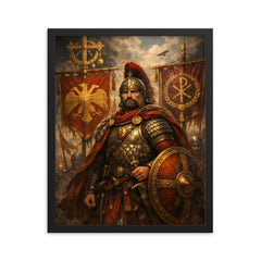 Belisarius beside Byzantine battle standards framed print on a plain backdrop in size 16"x20".