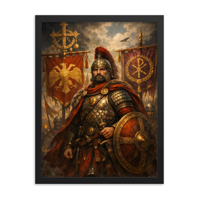 Belisarius beside Byzantine battle standards framed print on a plain backdrop in size 18