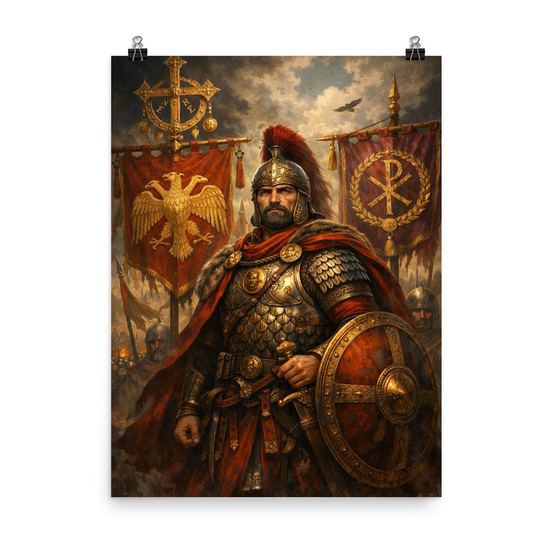 Belisarius beside Byzantine battle standards poster on a plain backdrop in size 8