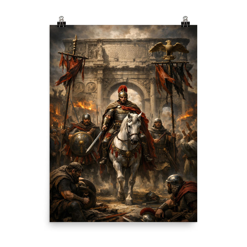Belisarius entering Rome beneath torn standards poster on a plain backdrop in size 8