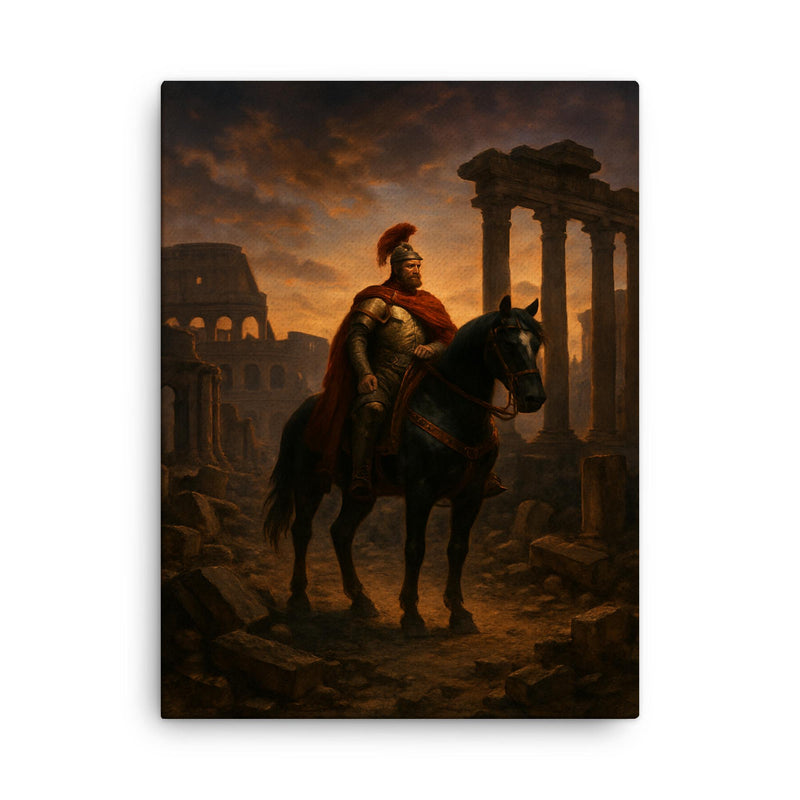 Belisarius in ruined Rome at twilight canvas print on a plain backdrop in size 18