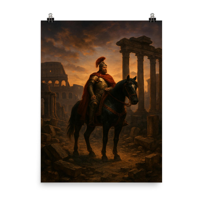 Belisarius in ruined Rome at twilight poster on a plain backdrop in size 8