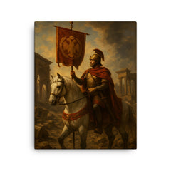 Belisarius in ruined Rome with imperial standard canvas print on a plain backdrop in size 16"x20".