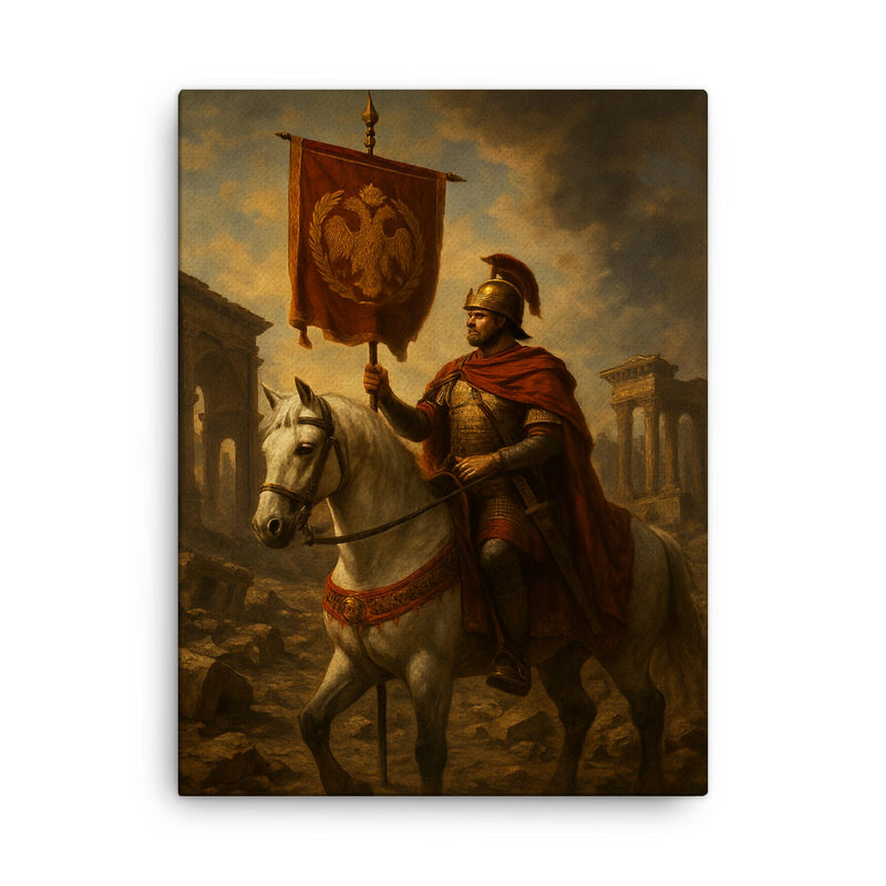 Belisarius in ruined Rome with imperial standard canvas print on a plain backdrop in size 18