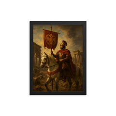 Belisarius in ruined Rome with imperial standard framed print on a plain backdrop in size 12"x16".