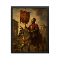 Belisarius in ruined Rome with imperial standard framed print on a plain backdrop in size 16"x20".
