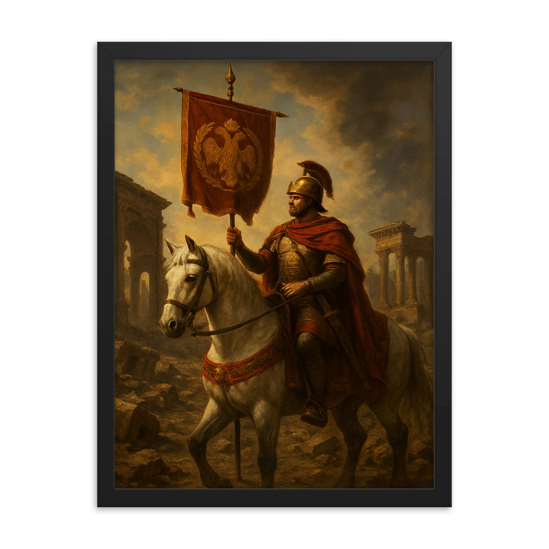 Belisarius in ruined Rome with imperial standard framed print on a plain backdrop in size 18