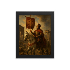 Belisarius in ruined Rome with imperial standard framed print on a plain backdrop in size 8"x10".