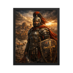 Belisarius in weathered armor before Ravenna framed print on a plain backdrop in size 16"x20".