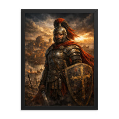 Belisarius in weathered armor before Ravenna framed print on a plain backdrop in size 18"x24".