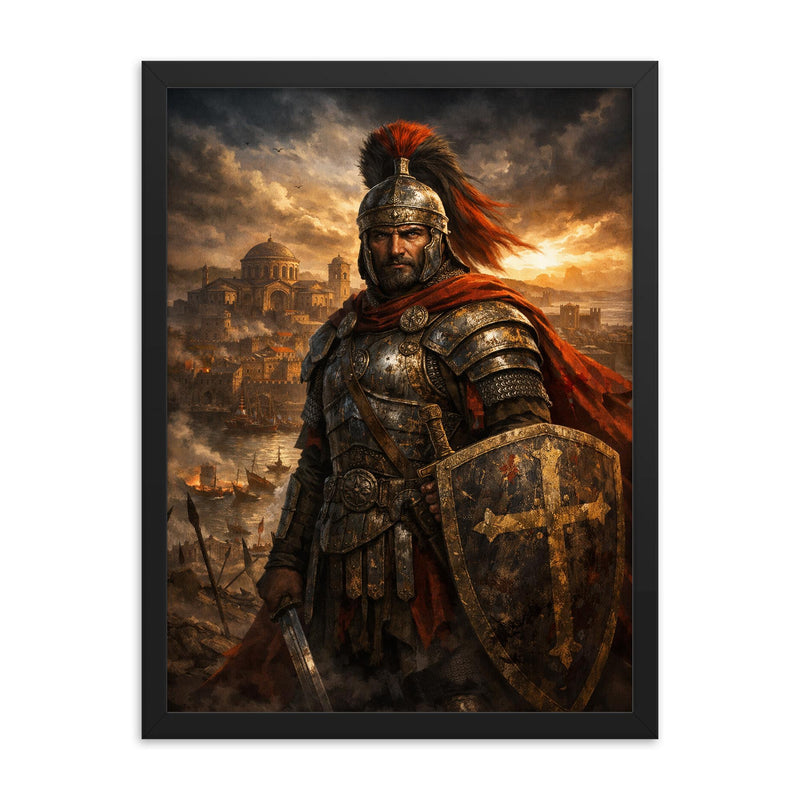 Belisarius in weathered armor before Ravenna framed print on a plain backdrop in size 18