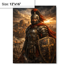 Belisarius in weathered armor before Ravenna metal print on a plain backdrop in size 12"x16".
