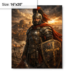 Belisarius in weathered armor before Ravenna metal print on a plain backdrop in size 16"x20".