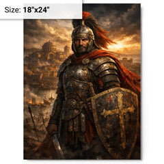 Belisarius in weathered armor before Ravenna metal print on a plain backdrop in size 18"x24".