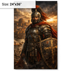 Belisarius in weathered armor before Ravenna metal print on a plain backdrop in size 24"x36".
