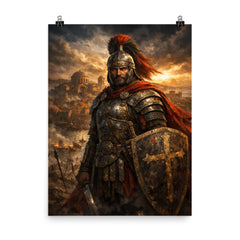 Belisarius in weathered armor before Ravenna poster on a plain backdrop in size 8"x10".