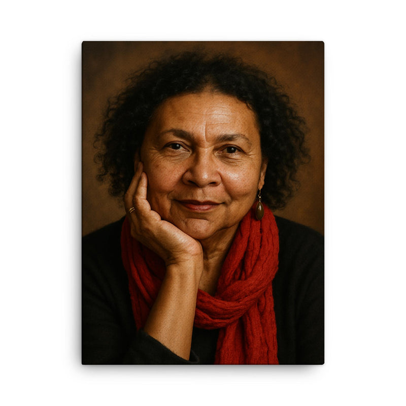 Bell Hooks portrait canvas print on a plain backdrop in size 18