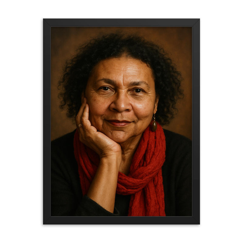 Bell Hooks portrait framed print on a plain backdrop in size 18