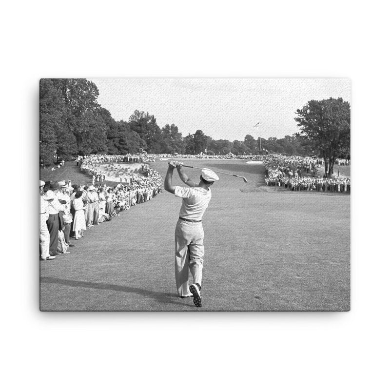 Ben Hogan famous golf shot canvas print on a plain backdrop in size 18