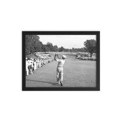 Ben Hogan famous golf shot framed print on a plain backdrop in size 12"x16".