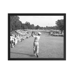 Ben Hogan famous golf shot framed print on a plain backdrop in size 16"x20".