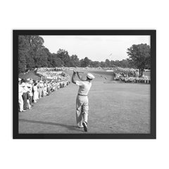 Ben Hogan famous golf shot framed print on a plain backdrop in size 18"x24".