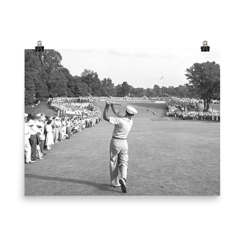 Ben Hogan famous golf shot poster on a plain backdrop in size 8