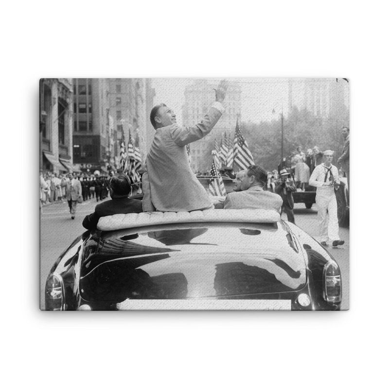 Ben Hogan seated on the back of a car in his homecoming parade on Broadway canvas print on a plain backdrop in size 18