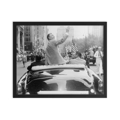 Ben Hogan seated on the back of a car in his homecoming parade on Broadway framed print on a plain backdrop in size 16"x20".