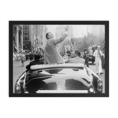 Ben Hogan seated on the back of a car in his homecoming parade on Broadway framed print on a plain backdrop in size 18"x24".