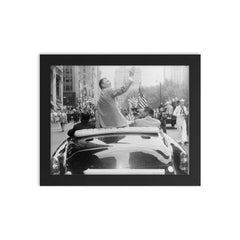 Ben Hogan seated on the back of a car in his homecoming parade on Broadway framed print on a plain backdrop in size 8"x10".
