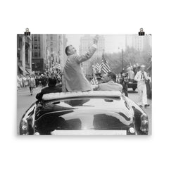 Ben Hogan seated on the back of a car in his homecoming parade on Broadway poster on a plain backdrop in size 8"x10".