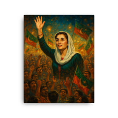 Benazir Bhutto in luminous campaign crowd canvas print on a plain backdrop in size 16"x20".