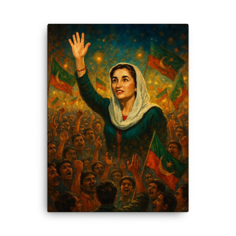 Benazir Bhutto in luminous campaign crowd canvas print on a plain backdrop in size 18