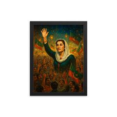 Benazir Bhutto in luminous campaign crowd framed print on a plain backdrop in size 12"x16".