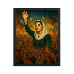 Benazir Bhutto in luminous campaign crowd framed print on a plain backdrop in size 16"x20".