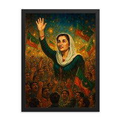 Benazir Bhutto in luminous campaign crowd framed print on a plain backdrop in size 18"x24".