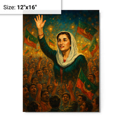 Benazir Bhutto in luminous campaign crowd metal print on a plain backdrop in size 12"x16".