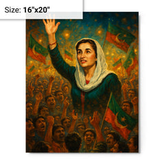 Benazir Bhutto in luminous campaign crowd metal print on a plain backdrop in size 16"x20".